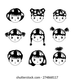 Cute children's faces. Set. Vector  illustration.