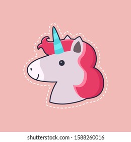 Cute children's fairy horse. Fantastic sticker or patch with a magical cartoon unicorn. Pink animal with a horn. Colorful vector illustration in cartoon style.