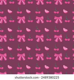 Cute childrens fashion background. Bows and berry pattern with strawberry or cherry. Romantic decoration for girls clothes, summer kitchen towels.