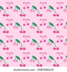 Cute childrens fashion background. Bows and berry pattern with strawberry or cherry. Romantic decoration for girls clothes, summer kitchen towels.