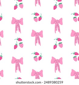 Cute childrens fashion background. Bows and berry pattern with strawberry or cherry. Romantic decoration for girls clothes, summer kitchen towels.