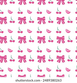 Cute childrens fashion background. Bows and berry pattern with strawberry or cherry. Romantic decoration for girls clothes, summer kitchen towels.