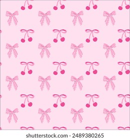 Cute childrens fashion background. Bows and berry pattern with strawberry or cherry. Romantic decoration for girls clothes, summer kitchen towels.