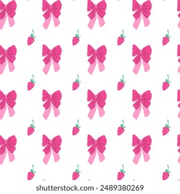 Cute childrens fashion background. Bows and berry pattern with strawberry or cherry. Romantic decoration for girls clothes, summer kitchen towels.