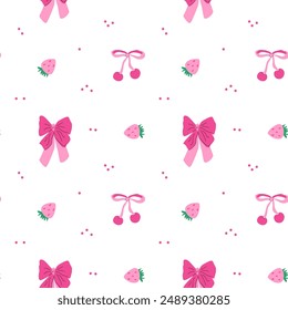 Cute childrens fashion background. Bows and berry pattern with strawberry or cherry. Romantic decoration for girls clothes, summer kitchen towels.