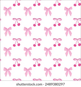 Cute childrens fashion background. Bows and berry pattern with strawberry or cherry. Romantic decoration for girls clothes, summer kitchen towels.