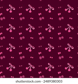 Cute childrens fashion background. Bows and berry pattern with strawberry or cherry. Romantic decoration for girls clothes, summer kitchen towels.