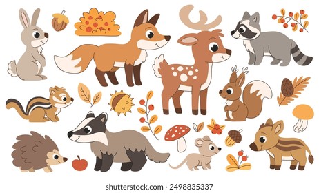 Conjunto de animales lindos del bosque de los niños. Animales y Elementos forestales de otoño. Ciervos, zorros, mapaches y otros animales.