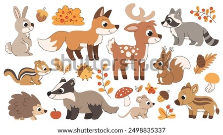 Cute childrens forest animals set. Autumn forest animals and elements. Deer, fox, raccoon and other animals.