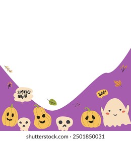 Cute childrens halloween background with funny characters. Pumkins and ghosts, skulls, fall leaves, speech bubbles.