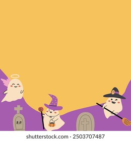 Cute childrens halloween background with funny characters. Pumkins and ghosts, skulls, fall leaves, speech bubbles.