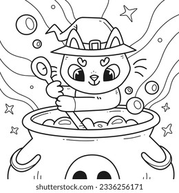 Cute children's Halloween coloring book with a kitten cooking a potion in a cauldron. Coloring page with a witch cat. Vector linear black and white illustration