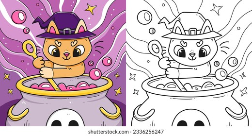 Cute children's Halloween coloring book with a kitten cooking a potion in a cauldron. Coloring page with a witch cat with an option for coloring. Vector linear black and white illustration