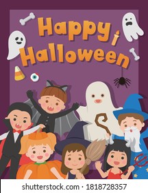 Cute children's Halloween costumed card, pumpkin, witch, bat, devil, ghost, vampire, magician, cartoon comic vector illustration, isolated