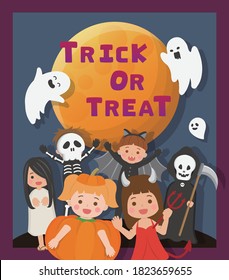 Cute children's Halloween costumes, pumpkins, bats, devil, ghosts, grim reaper, skeletons, cartoon comic vector illustration