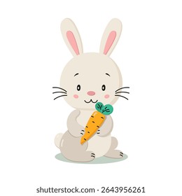 Cute children`s illustration of a bunny holding a carrot. Perfect for kids' products, nursery prints, story books. or greeting cards.