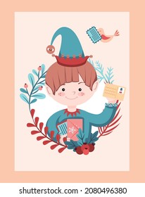 Cute children's illustration for Christmas cards. An Elf boy with a letter in his hand is decorated with Christmas wreaths and flowers. Bright design for vector.