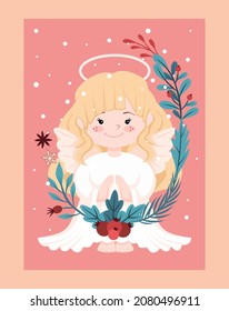Cute children's illustration for Christmas cards. A little girl dressed as an angel, decorated with Christmas wreaths and flowers. Bright design for vector images.