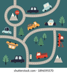 Cute children's illustration of city with cars tow truck police dump truck fire truck mountains trees traffic lights and signs.