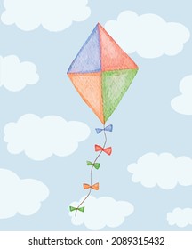 Cute children's illustration of a colorful bright kite on a background of blue sky with clouds. The texture of watercolors. Children's sticker. Poster