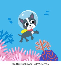 Cute children's illustration with the dog diving along coral reefs, cute dog character. Underwater children's scene