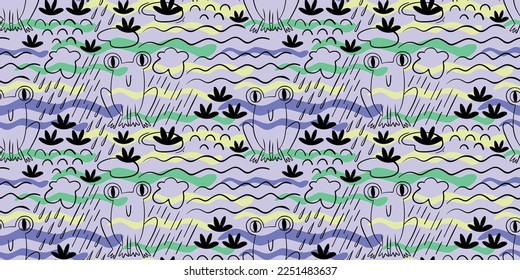 Cute children's illustration with frogs in doodle style, with rain, water lilies, clouds, and colorful waves. Seamless Pattern for newborns. print for kindergarten,school,pattern for children's room.