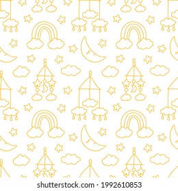 Cute children's illustration in linear style with baby rattles, rainbow, crescent moon, clouds and stars. Seamless vector pattern in doodle style for printing prints on fabric, clothing, and more