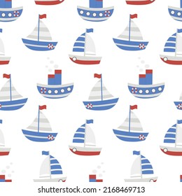 Cute children's illustration with nautical theme: sailboat, steamer. Seamless pattern with ships. For children's textiles, backgrounds. Vector image in doodle style.