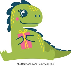Cute children's illustration on a white background. A cheerful raptor holds a gift in his paws. Good Dinosaur Birthday