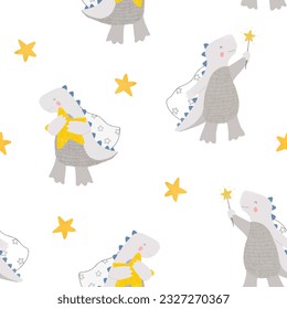 Cute children's illustration, Pattern with cute dragons, dinosaur print for a boy. stars