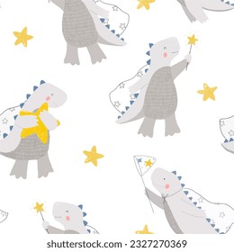 Cute children's illustration, Pattern with cute dragons, dinosaur print for a boy. stars