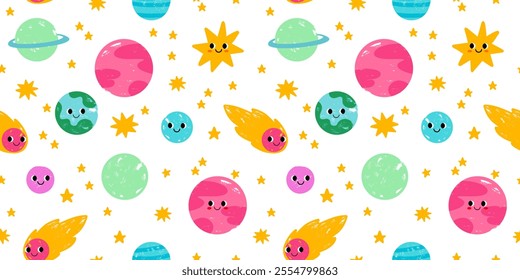 Cute children's illustration of space. Hand drawn vector seamless pattern. Planets, stars and meteor. A fun illustration of the solar system for design and decoration. Vector characters.