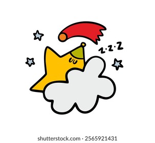 Cute children's illustration, a star in a nightcap sleeping in a cozy cloud. A comet is flying overhead. Vector image in doodle style. Space concept.