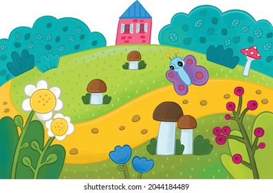 Cute children's illustration: a summer landscape with a path, flowers and a flying butterfly