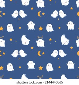 Cute children's kind ghost characters. Seamless pattern. Vector illustration. Print, textile, background, fabric