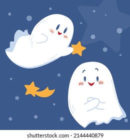 Cute children's kind ghost characters. Vector illustration. Card, print, children's poster, textiles.
