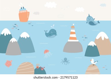 Cuidada ilustración del paisaje infantil con animales marinos, montañas, faro, nubes, barcos y gaviotas. Pintura de papel pintado para niños y mural. Concepto de viajes, afiche horizontal para niños. Vector