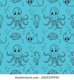 Cute children's marine drawing with fish, starfish, octopus, jellyfish and shells on a blue background. Drawing for printing, children's textiles and wrapping paper
