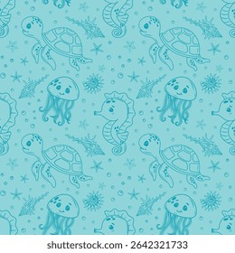 Cute children's marine drawing with turtles, jellyfish, starfish, and shells on a blue background. Drawing for printing, children's textiles and wrapping paper