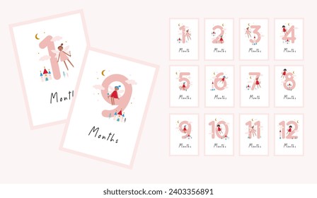 Cute Children's Milestone cards. The first 12 months of baby's life. Pastel colors. Little Fairy