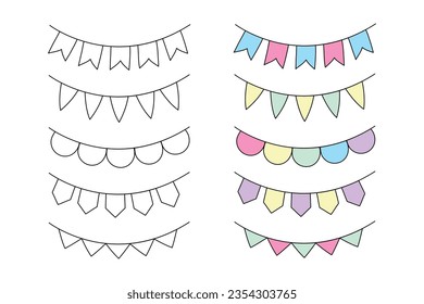 Cute children's minimalistic coloring book, garlands of flags. Kawaii doodle hand drawn clipart elements, decorations for holiday, festival, pastel colors.