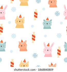 cute childrens new year pattern. with cute animals in caps and sweets. christmas background