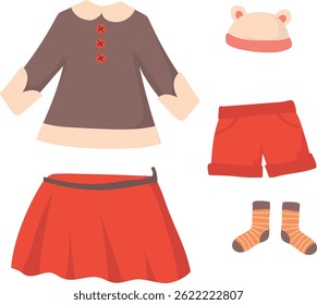 Cute children's outfit with dress, shorts, hat and socks
