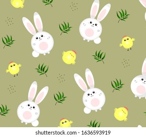 Cute children's pattern with chicken,green branch  and bunnies.  Vector illustration. Print. Happy Easter.