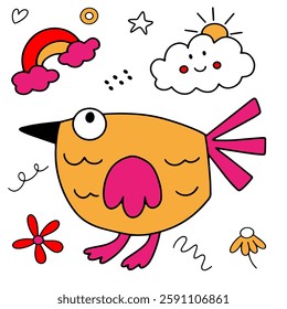 Cute children's pattern featuring a yellow bird with a pink tail, rainbow, flowers, stars, and heart in a whimsical doodle style