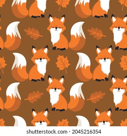 Cute children's pattern with fox and tree foliage, autumn seamless pattern with cute foxes. Oak and maple leaves, and wild animals. Vector illustration. For children's printing.