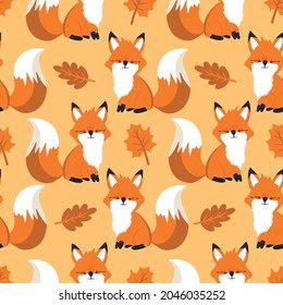 Cute children's pattern with fox and tree foliage, autumn seamless pattern with cute foxes. Oak and maple leaves, and wild animals. Vector illustration.