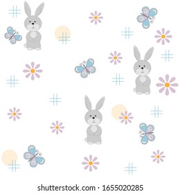 Cute children's pattern with hares, butterflies, flowers and other decorative elements, vector illustration