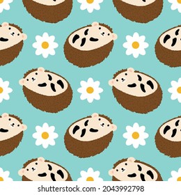 Cute children's pattern with hedgehogs and chamomile flowers, cute hedgehogs on a blue background. Wild flowers and wild animals. Vector illustration. For children's printing.