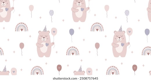 Cute childrens pattern in minimal design with lovely bear, rainbow, balloons. Vector illustration in flat style. Cartoon bohemian seamless pattern in pastel beige colors.
